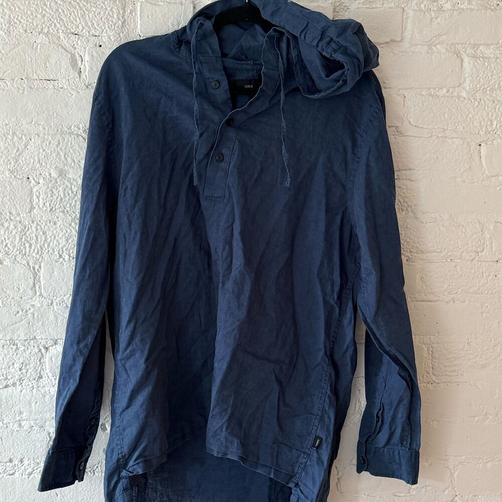 Onia Linen Hooded Tunic Shirt - Deep Navy Blue